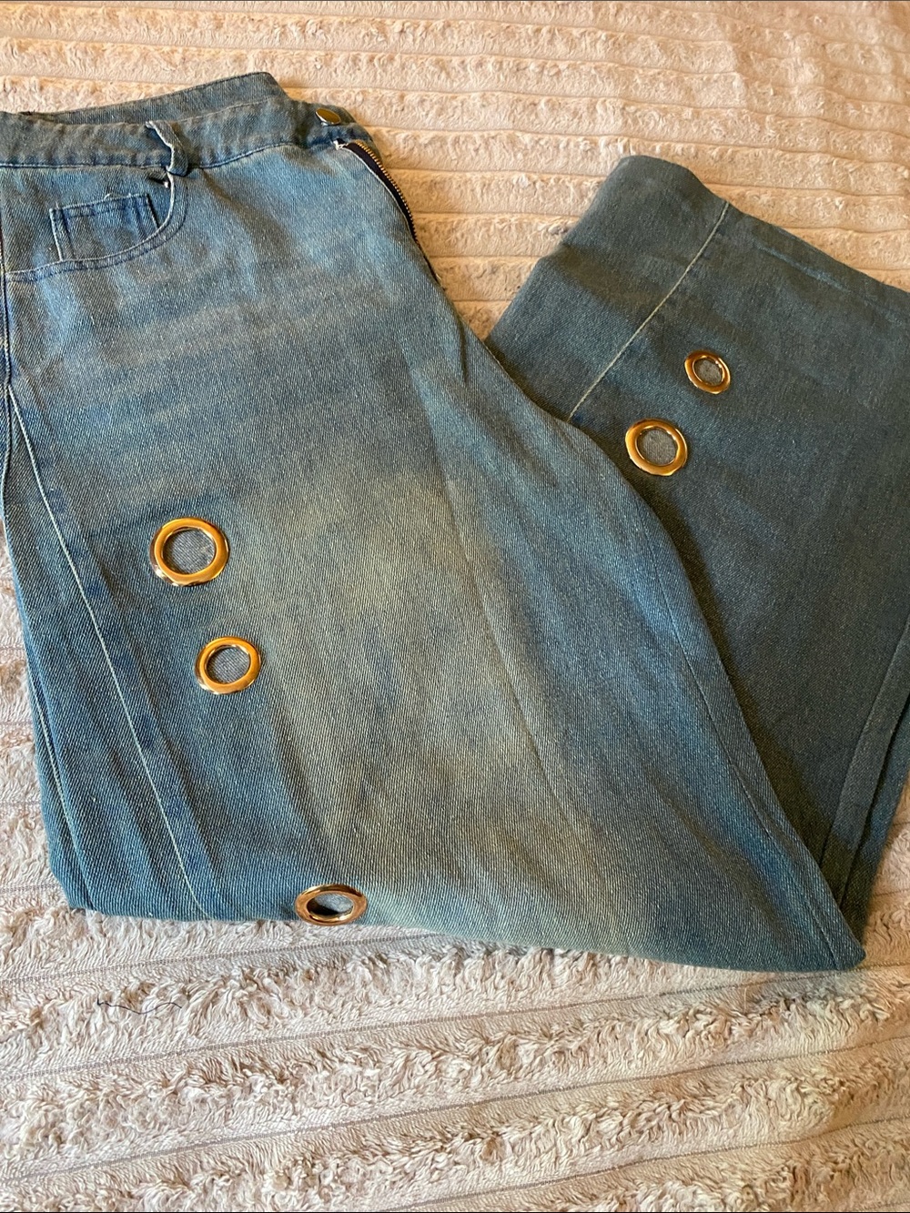 NWOT, High-Waist Blue Jeans with Gold Grommet Accents